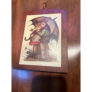 Vintage Hummel Stormy Weather Wooden Wall Plaque Goebel Boy Girl Umbrella Art